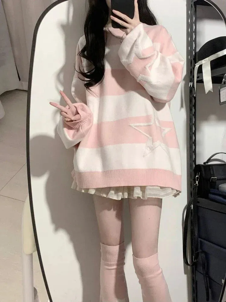 ✨ Kawaii Starry Contrast Sweater 🌟 | Grunge Streetwear Jumper for Women | Y2K Aesthetic Cozy Knitwear 🍂