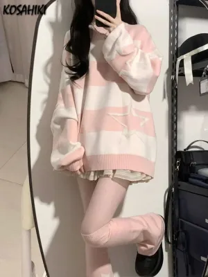 ✨ Kawaii Starry Contrast Sweater 🌟 | Grunge Streetwear Jumper for Women | Y2K Aesthetic Cozy Knitwear 🍂