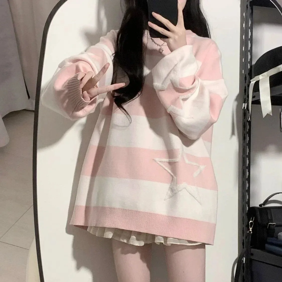 ✨ Kawaii Starry Contrast Sweater 🌟 | Grunge Streetwear Jumper for Women | Y2K Aesthetic Cozy Knitwear 🍂