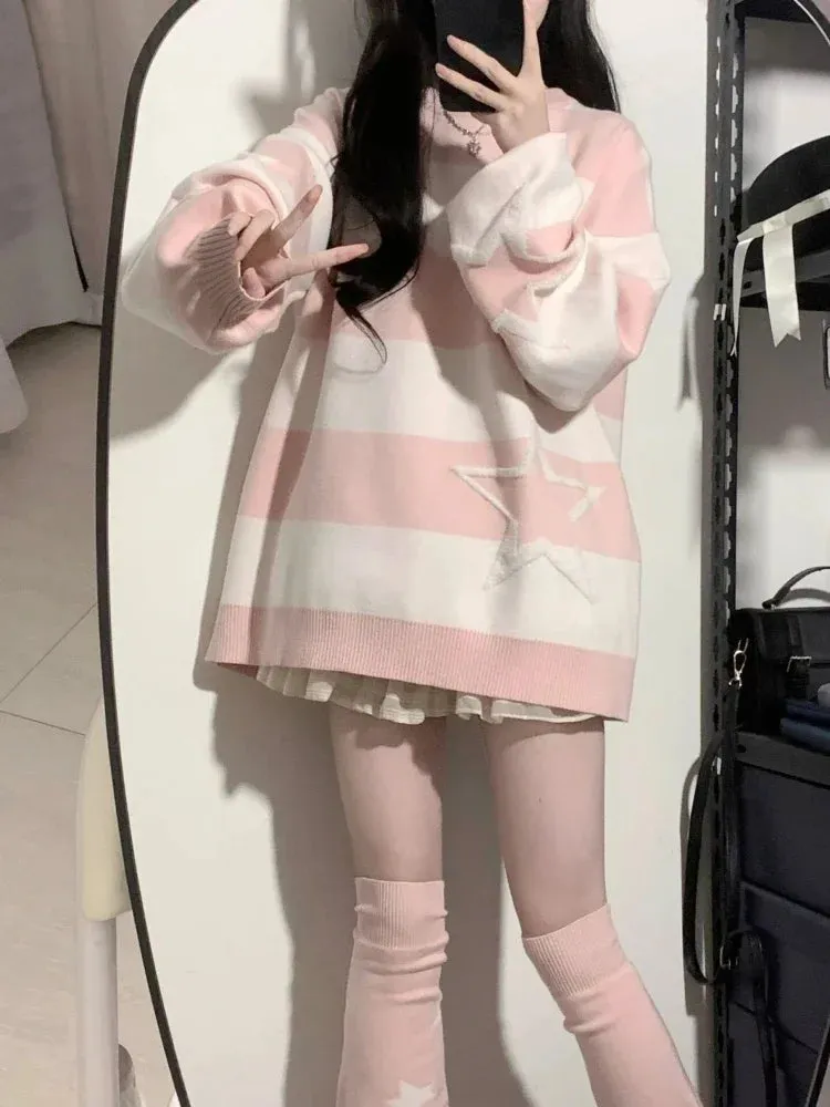 ✨ Kawaii Starry Contrast Sweater 🌟 | Grunge Streetwear Jumper for Women | Y2K Aesthetic Cozy Knitwear 🍂