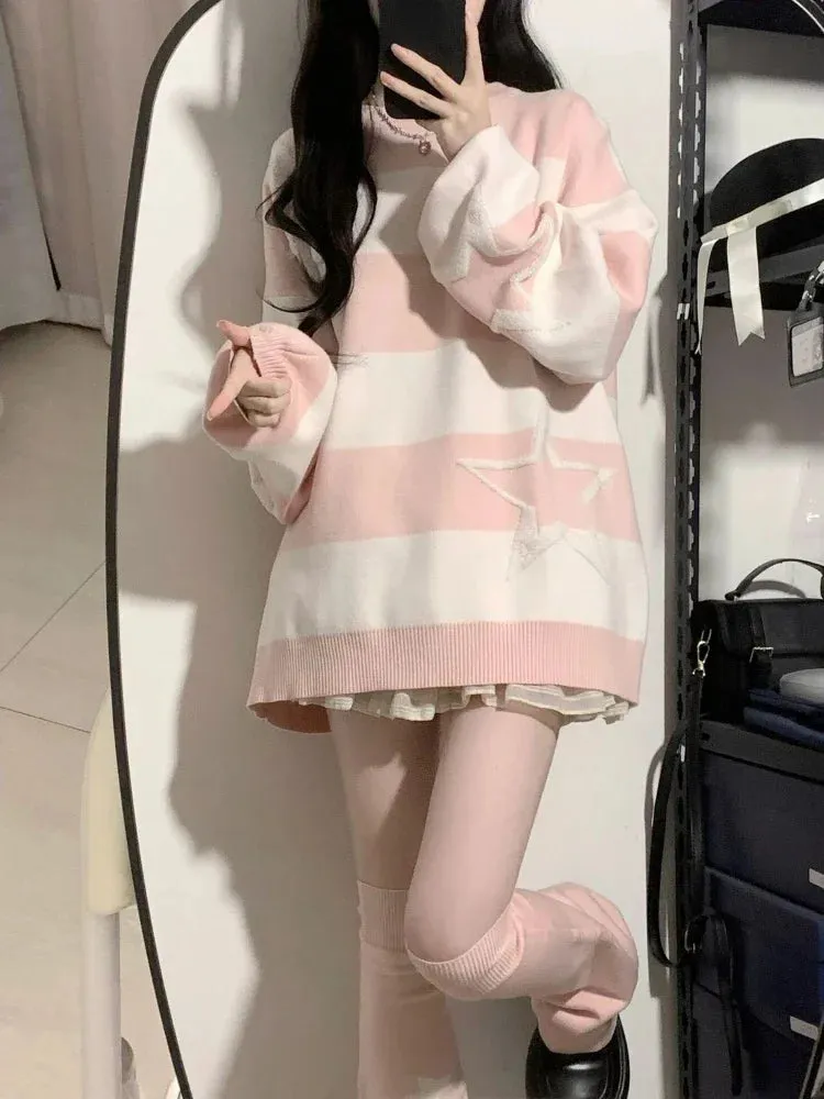 ✨ Kawaii Starry Contrast Sweater 🌟 | Grunge Streetwear Jumper for Women | Y2K Aesthetic Cozy Knitwear 🍂