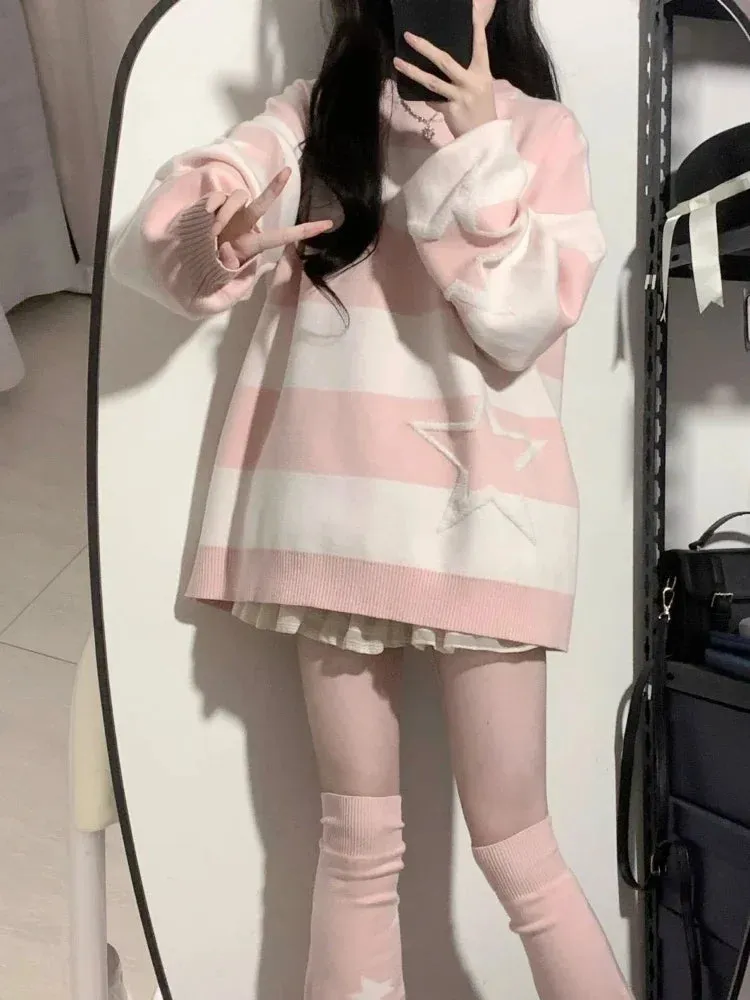 ✨ Kawaii Starry Contrast Sweater 🌟 | Grunge Streetwear Jumper for Women | Y2K Aesthetic Cozy Knitwear 🍂