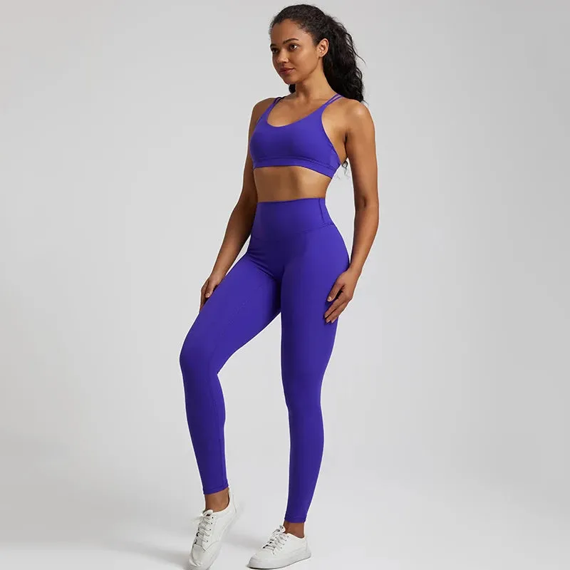 058 Women's Yoga Set Buttery Soft High Waist Gym Leggings & Crisscross Sports Bra