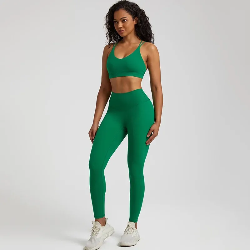 058 Women's Yoga Set Buttery Soft High Waist Gym Leggings & Crisscross Sports Bra