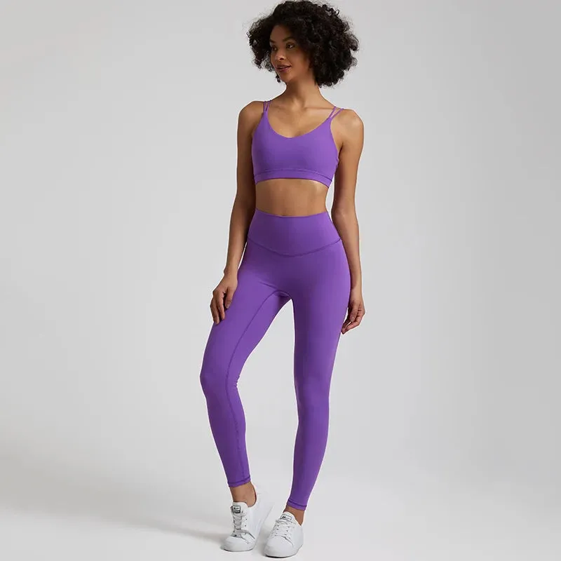 058 Women's Yoga Set Buttery Soft High Waist Gym Leggings & Crisscross Sports Bra