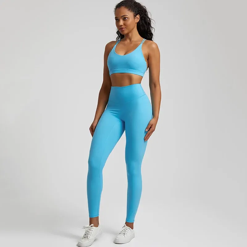 058 Women's Yoga Set Buttery Soft High Waist Gym Leggings & Crisscross Sports Bra