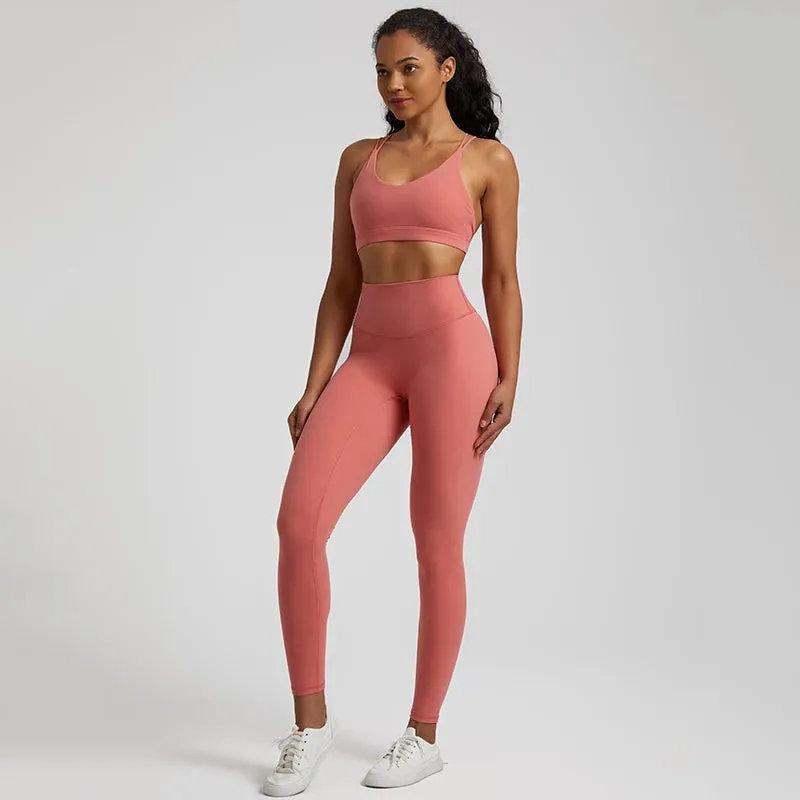 058 Women's Yoga Set Buttery Soft High Waist Gym Leggings & Crisscross Sports Bra