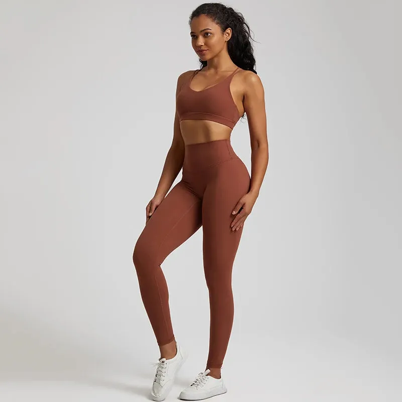 058 Women's Yoga Set Buttery Soft High Waist Gym Leggings & Crisscross Sports Bra