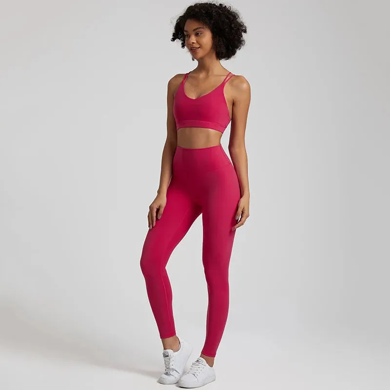 058 Women's Yoga Set Buttery Soft High Waist Gym Leggings & Crisscross Sports Bra