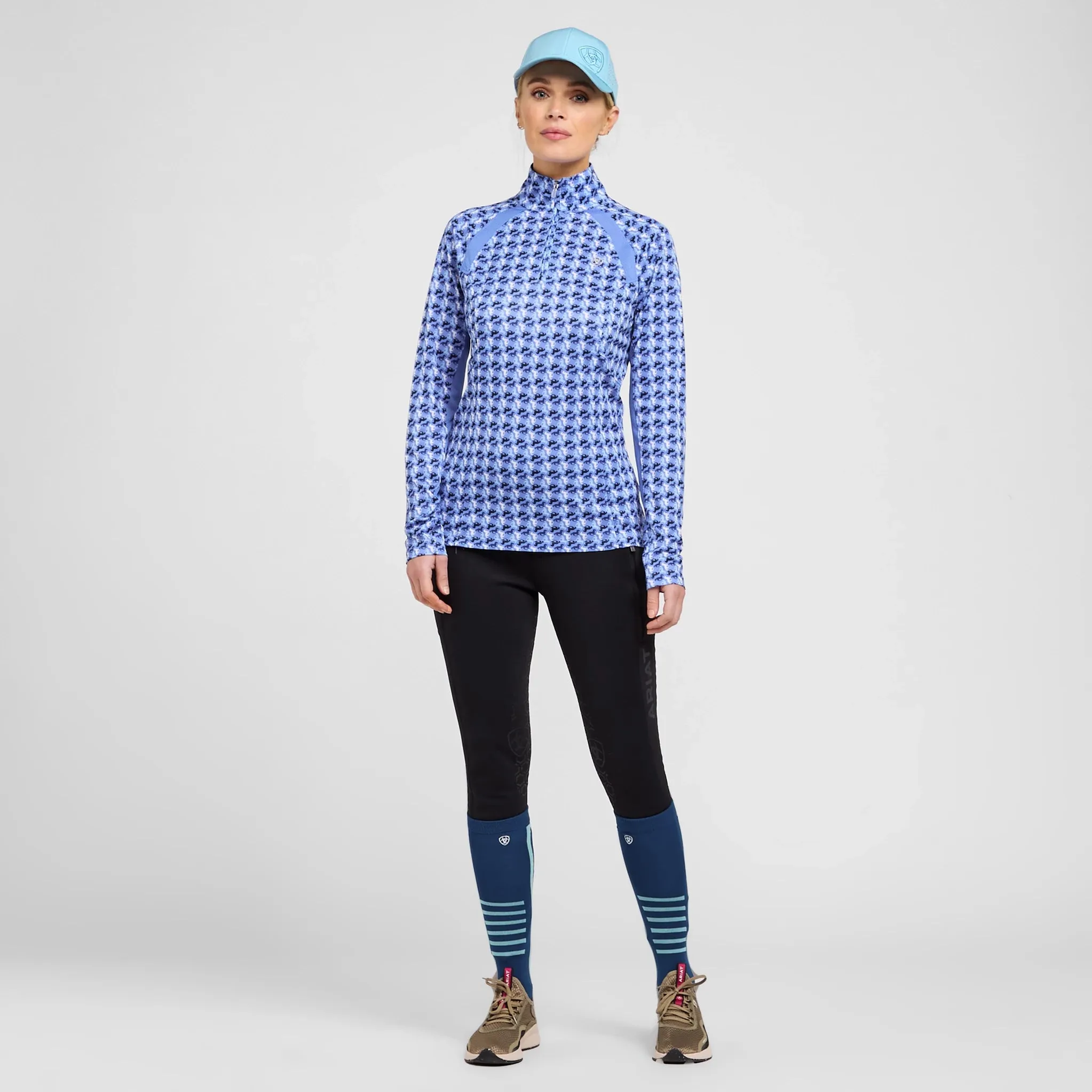 40% OFF - ARIAT Sunstopper 2.0 1/4 Zip Baselayer - Womens - Reykjavik Blue Ditsy Horse - Size: LARGE