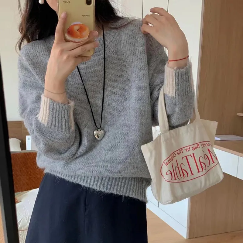 Amozae business casual outfits Korean Style Loose plus Size Sweater Women's Pullover round Neck Lazy Style Color Matching Long Sleeve Sweater Autumn and Winter Thickened