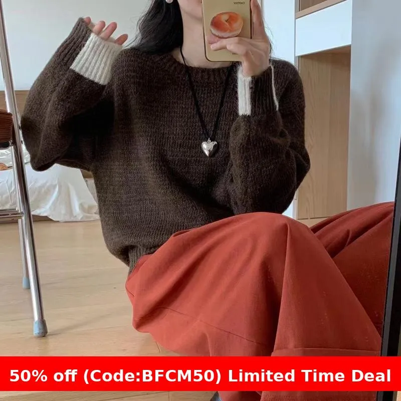 Amozae business casual outfits Korean Style Loose plus Size Sweater Women's Pullover round Neck Lazy Style Color Matching Long Sleeve Sweater Autumn and Winter Thickened