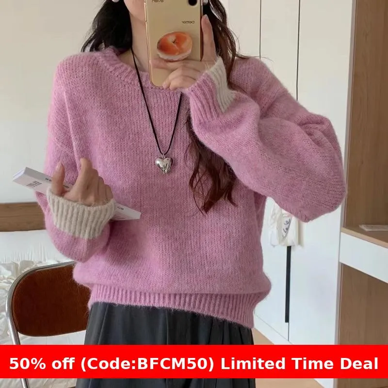 Amozae business casual outfits Korean Style Loose plus Size Sweater Women's Pullover round Neck Lazy Style Color Matching Long Sleeve Sweater Autumn and Winter Thickened