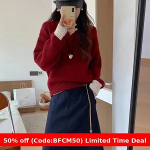 Amozae business casual outfits Korean Style Loose plus Size Sweater Women's Pullover round Neck Lazy Style Color Matching Long Sleeve Sweater Autumn and Winter Thickened