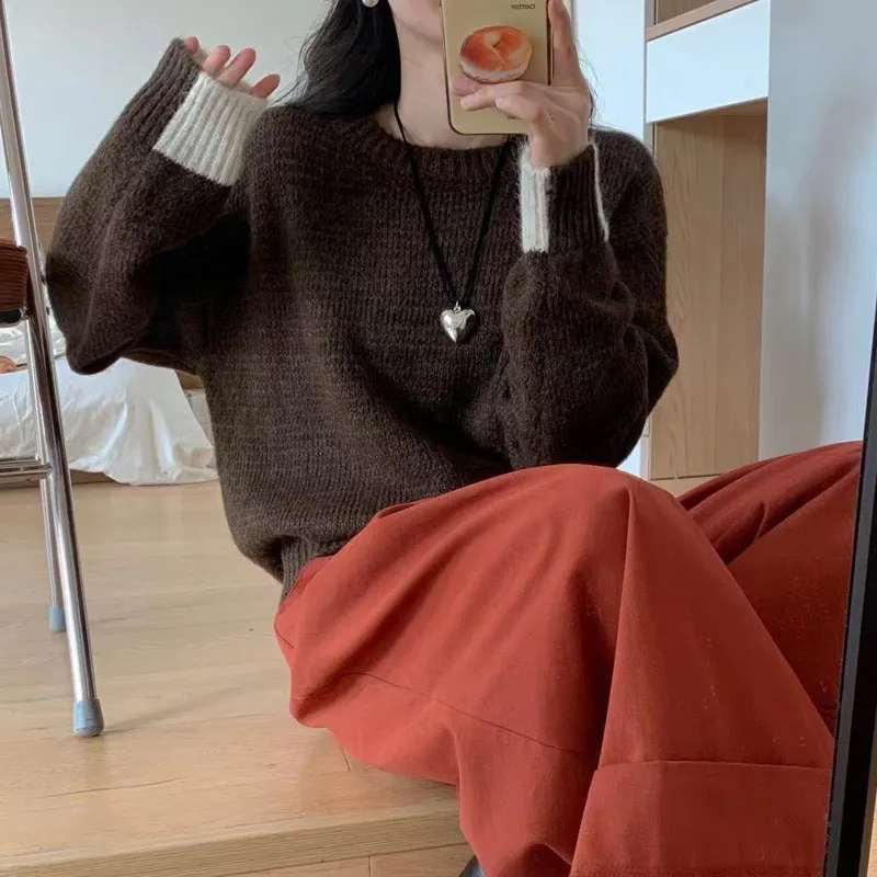 Amozae business casual outfits Korean Style Loose plus Size Sweater Women's Pullover round Neck Lazy Style Color Matching Long Sleeve Sweater Autumn and Winter Thickened