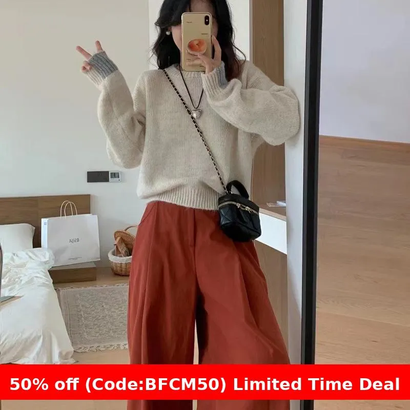 Amozae business casual outfits Korean Style Loose plus Size Sweater Women's Pullover round Neck Lazy Style Color Matching Long Sleeve Sweater Autumn and Winter Thickened