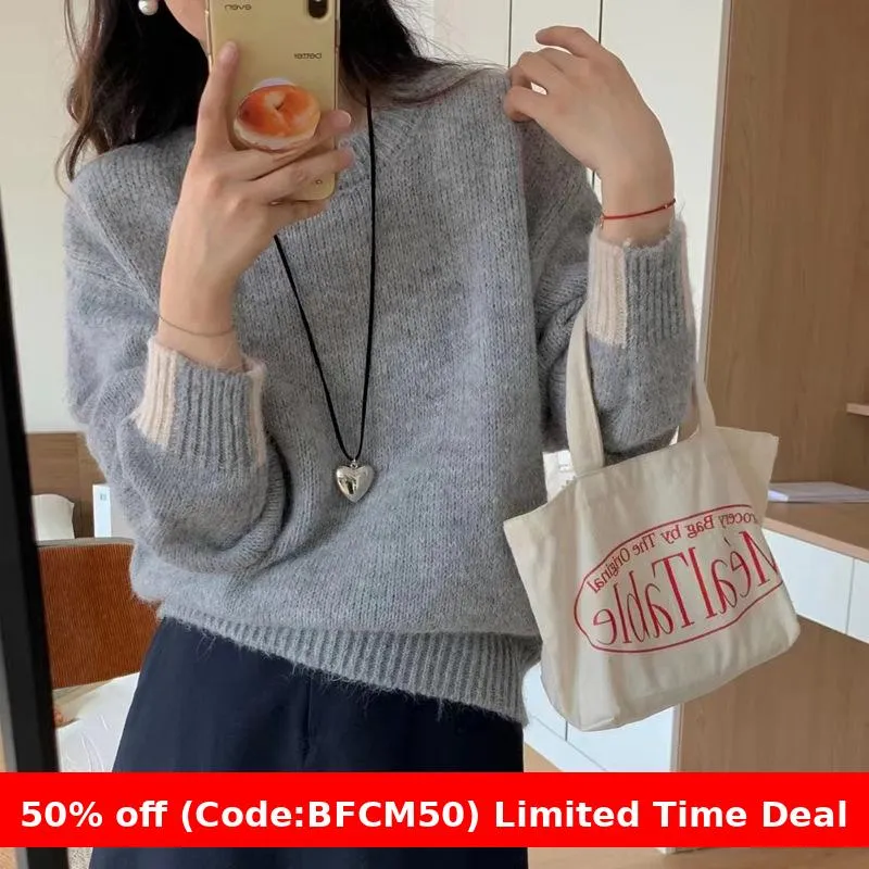 Amozae business casual outfits Korean Style Loose plus Size Sweater Women's Pullover round Neck Lazy Style Color Matching Long Sleeve Sweater Autumn and Winter Thickened