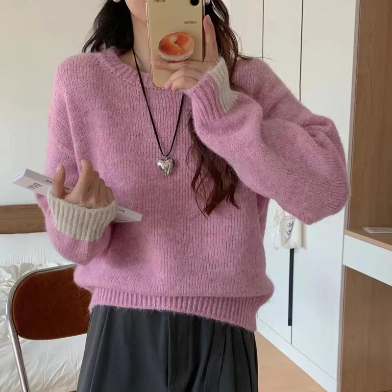 Amozae business casual outfits Korean Style Loose plus Size Sweater Women's Pullover round Neck Lazy Style Color Matching Long Sleeve Sweater Autumn and Winter Thickened