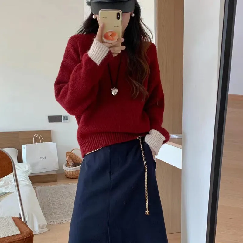 Amozae business casual outfits Korean Style Loose plus Size Sweater Women's Pullover round Neck Lazy Style Color Matching Long Sleeve Sweater Autumn and Winter Thickened