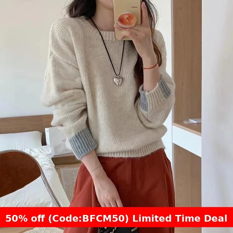 Amozae business casual outfits Korean Style Loose plus Size Sweater Women's Pullover round Neck Lazy Style Color Matching Long Sleeve Sweater Autumn and Winter Thickened