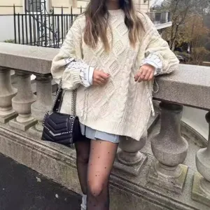 Amozae fall fashion outfits New Knitwear Loose round Neck Lazy Twist Sweater Women's Autumn and Winter Fake Two Pieces Comfortable Warm
