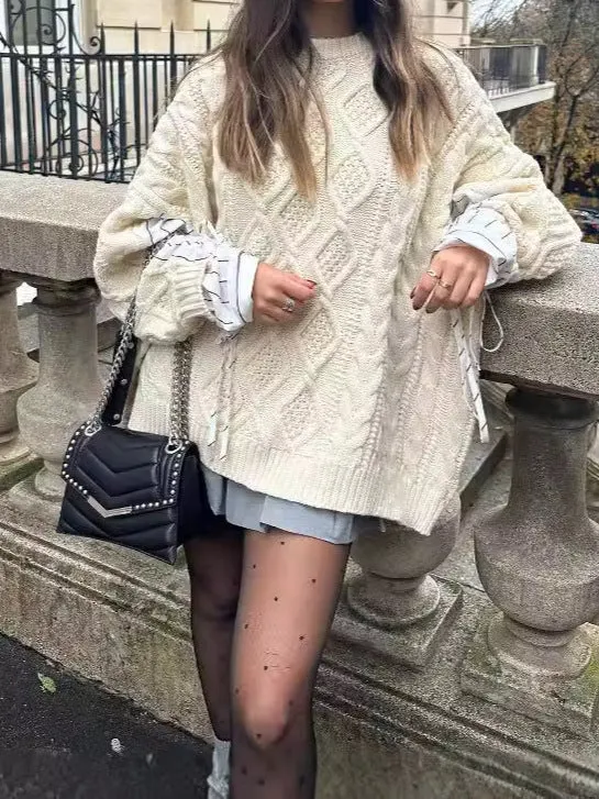 Amozae fall fashion outfits New Knitwear Loose round Neck Lazy Twist Sweater Women's Autumn and Winter Fake Two Pieces Comfortable Warm