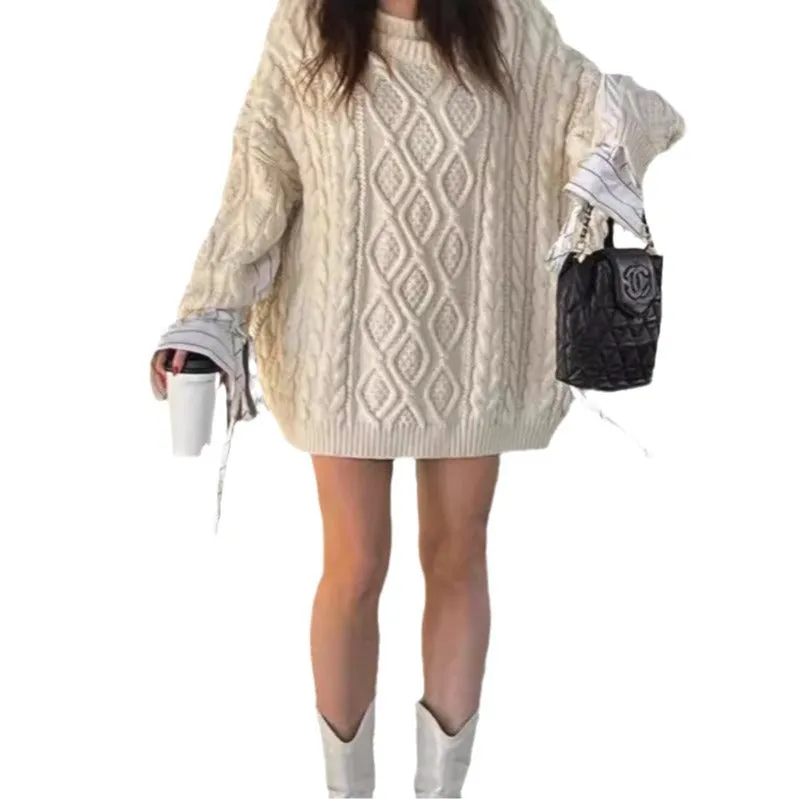 Amozae fall fashion outfits New Knitwear Loose round Neck Lazy Twist Sweater Women's Autumn and Winter Fake Two Pieces Comfortable Warm