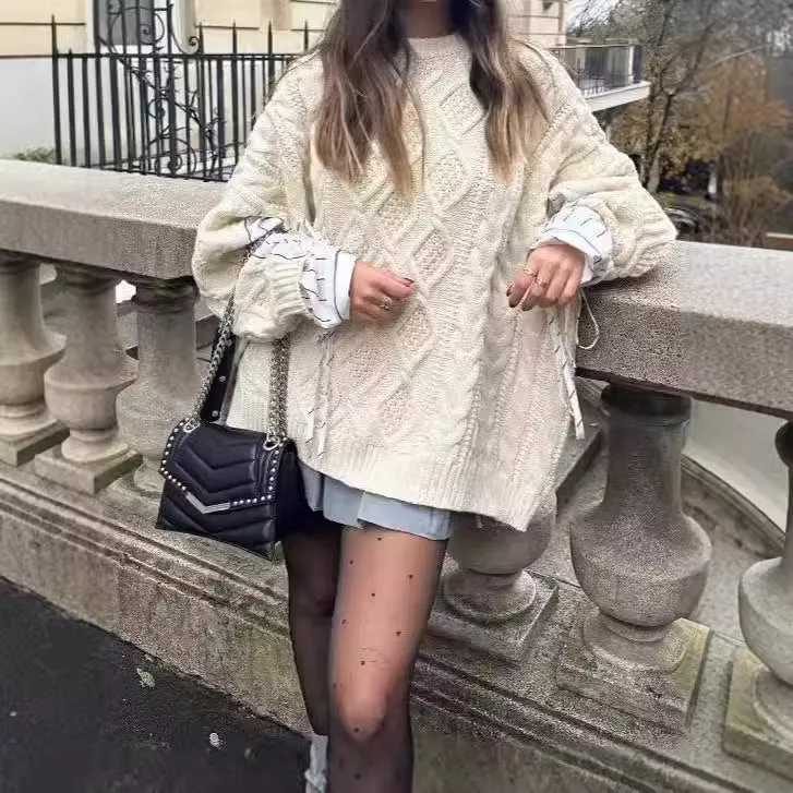 Amozae fall fashion outfits New Knitwear Loose round Neck Lazy Twist Sweater Women's Autumn and Winter Fake Two Pieces Comfortable Warm