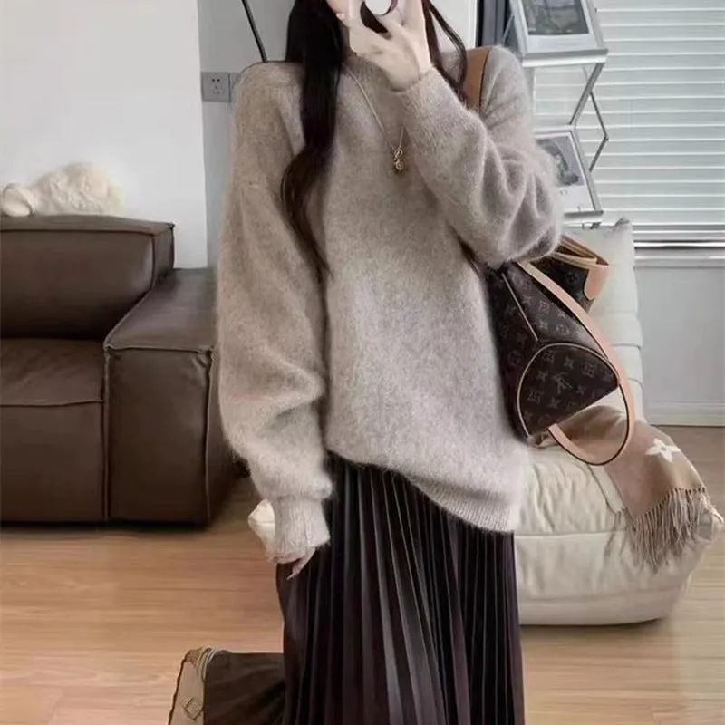 Amozae fall outfits 2024 Autumn and Winter Japanese Style Fresh Soft Milk Lazy Style Sweater Women's Solid Color Base Solid Color Casual Loose Knitted Pullover