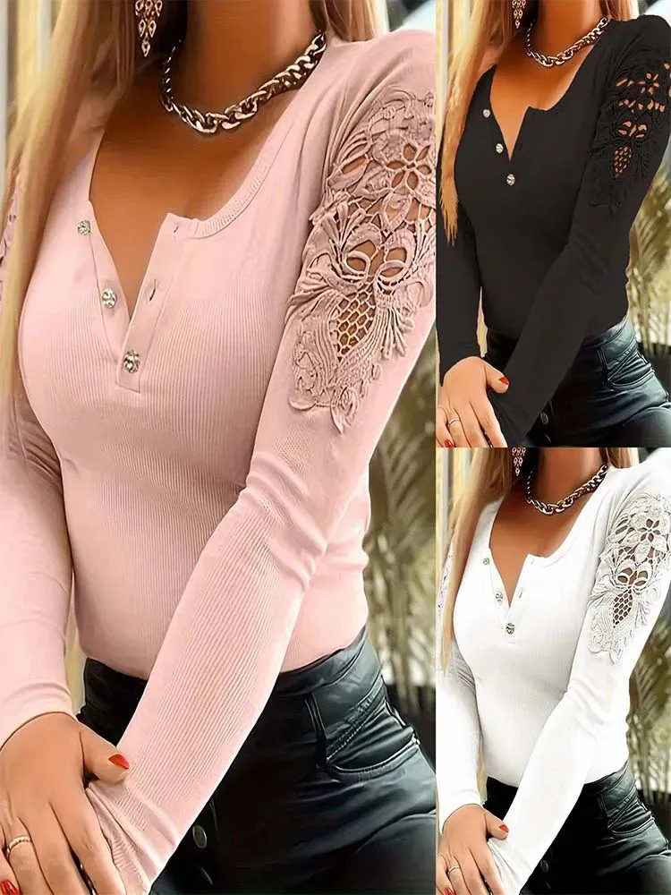 Autumn Solid Color Lace Button Top With Slim Fit Fresh Sweet Style Long Sleeved Women's Pullover Fashionable T-shirt