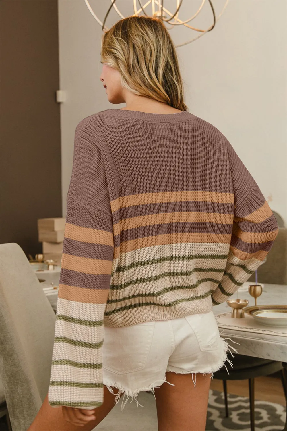 BiBi Color Block Striped Sweater | Trendy Long Sleeve Knit for Women