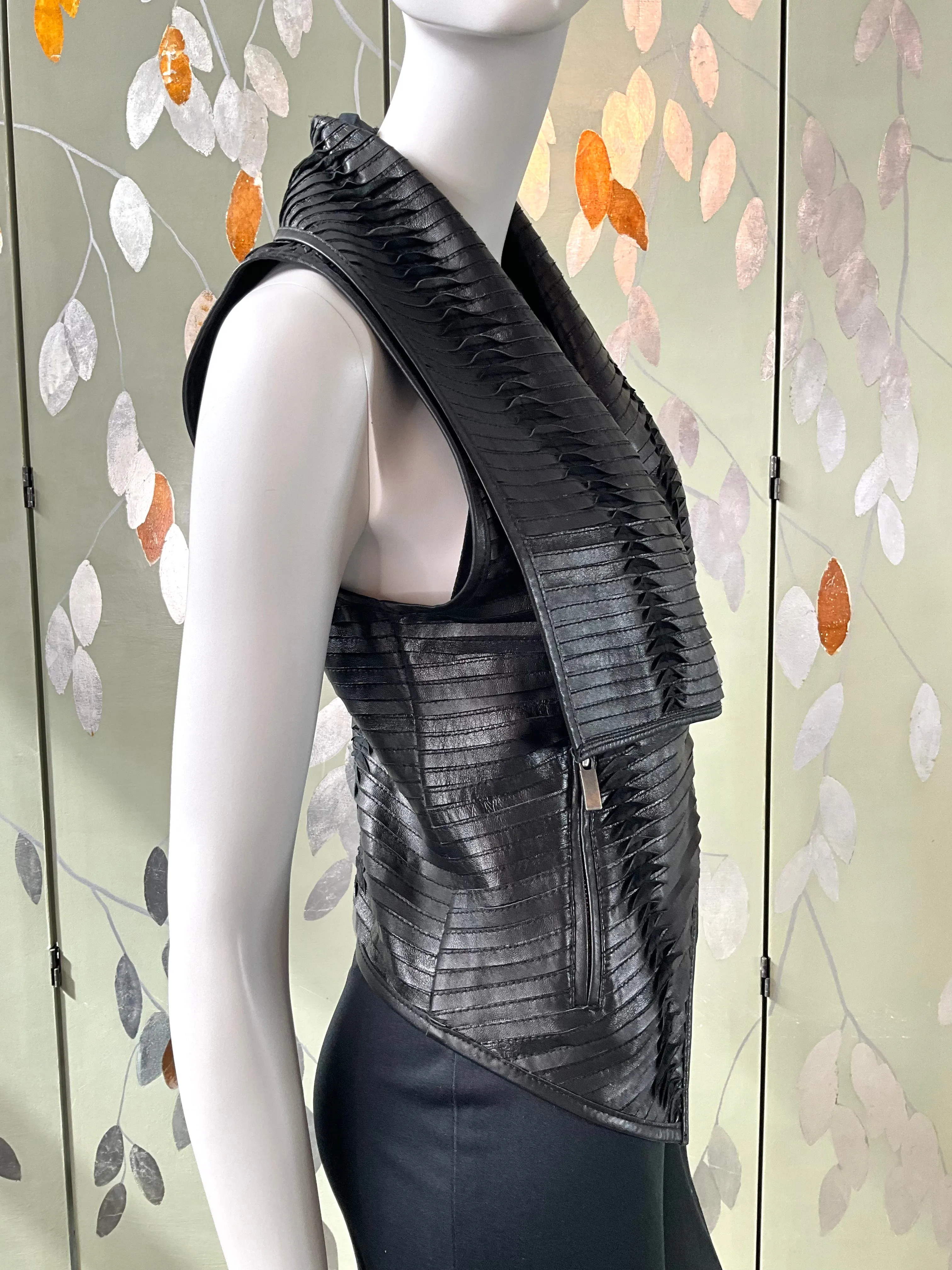 Black Pleated Leather Waistcoat with Drape Lapel, Small