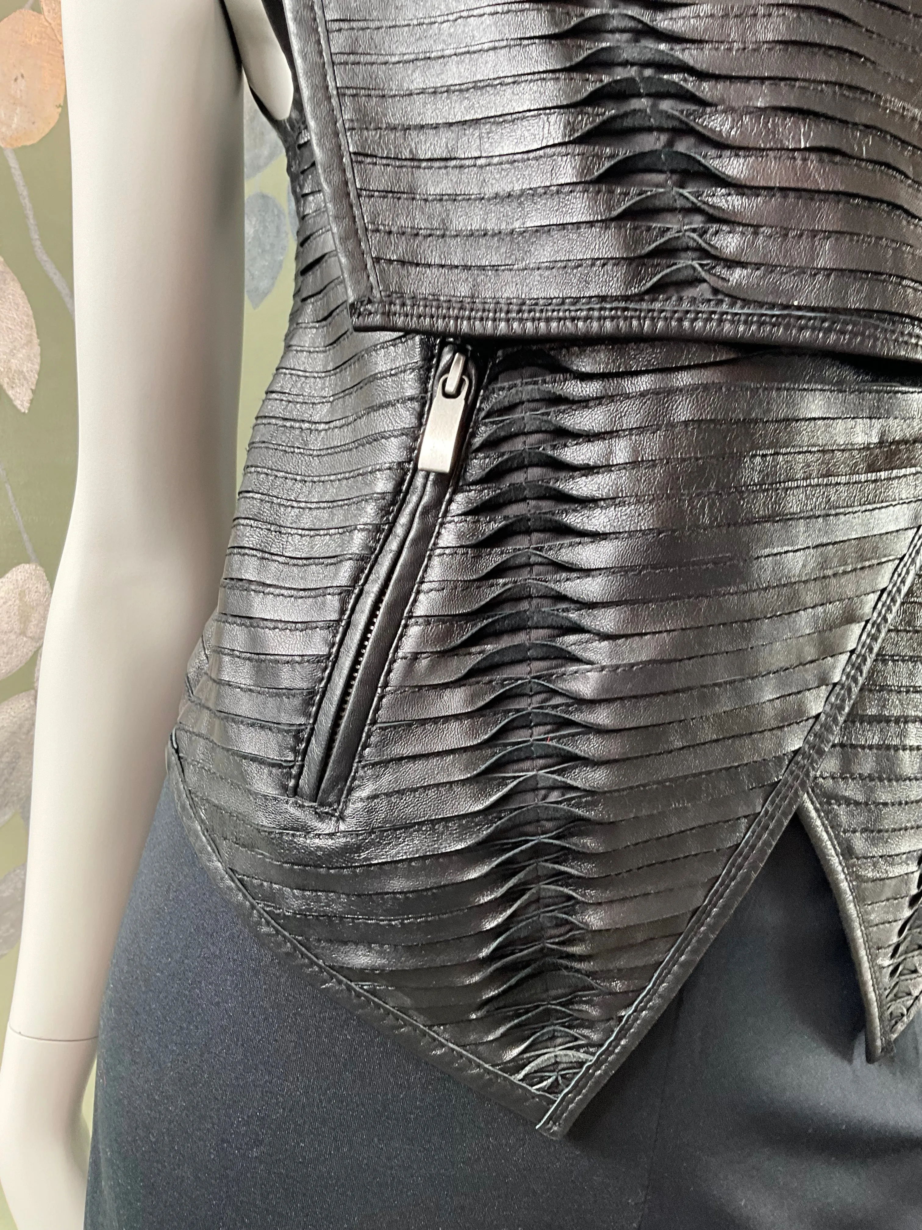 Black Pleated Leather Waistcoat with Drape Lapel, Small