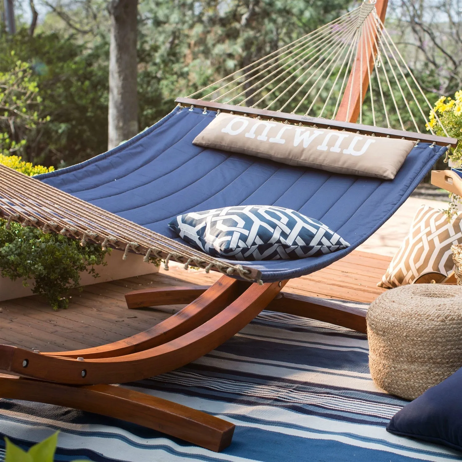 Blue 2-Person Quilted Hammock with Durable Wood Frame Stand