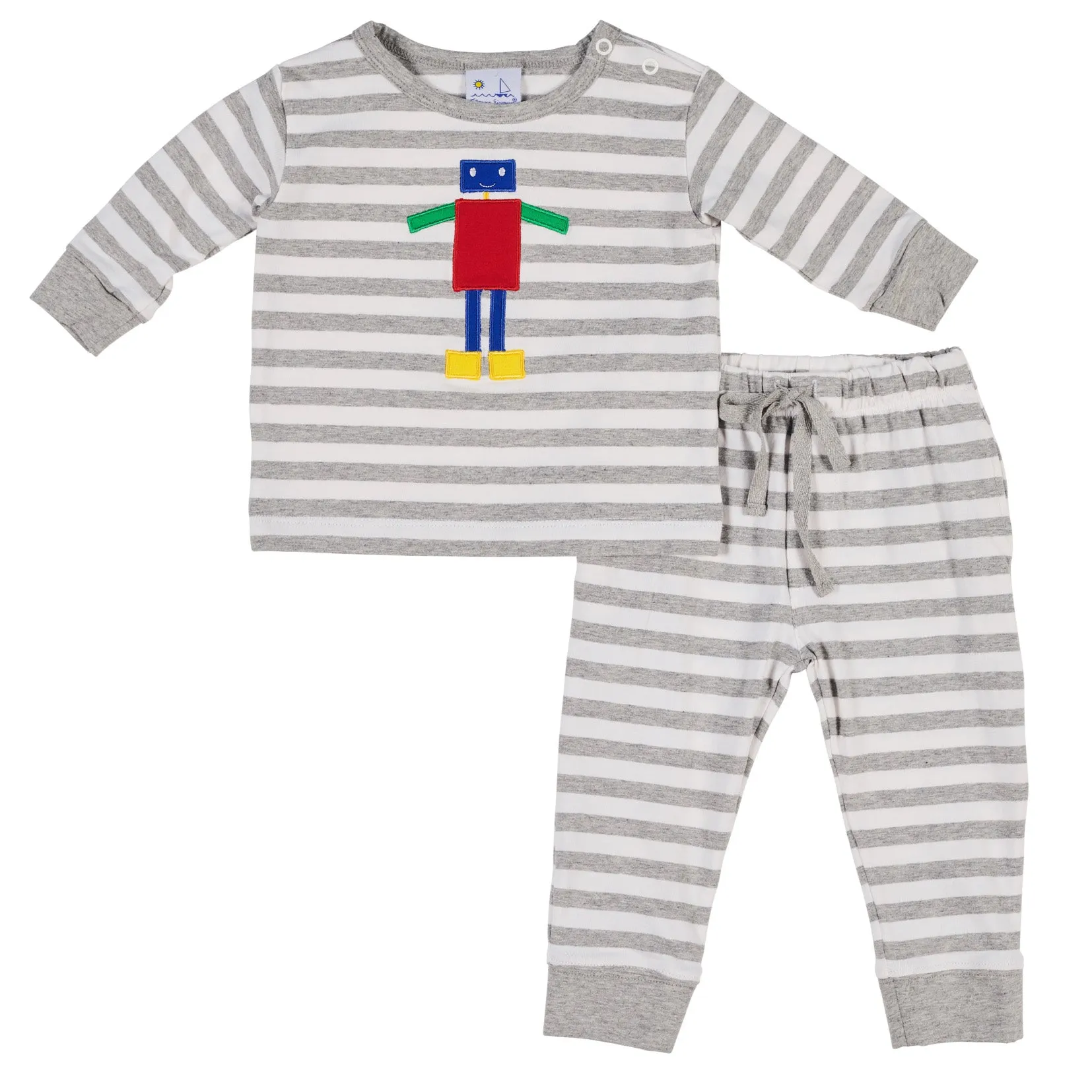 Boys Heather Grey Stripe Top with Appliqued Robot
