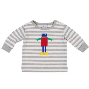 Boys Heather Grey Stripe Top with Appliqued Robot