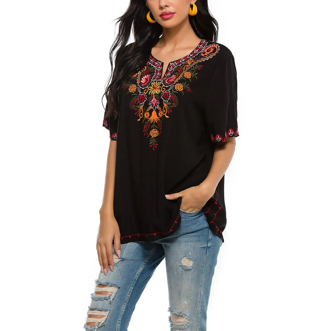 Buddha Stones Black Casual Embroidery Flower Design Half Sleeve Notched Cotton Women's T-Shirt
