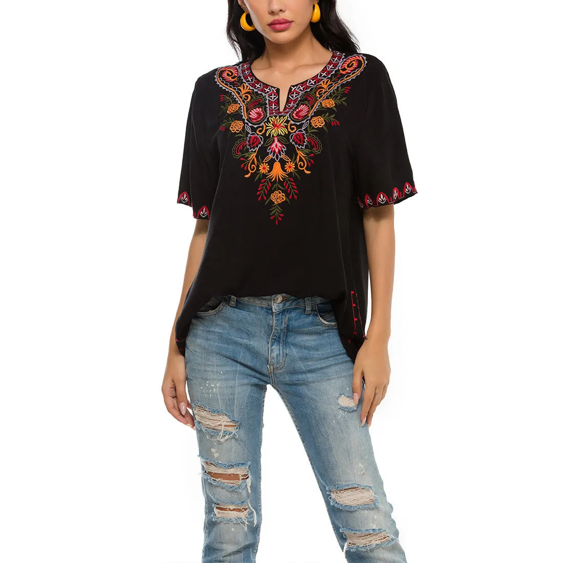 Buddha Stones Black Casual Embroidery Flower Design Half Sleeve Notched Cotton Women's T-Shirt