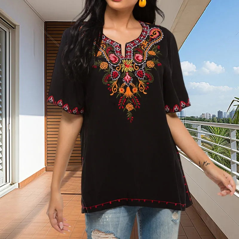 Buddha Stones Black Casual Embroidery Flower Design Half Sleeve Notched Cotton Women's T-Shirt