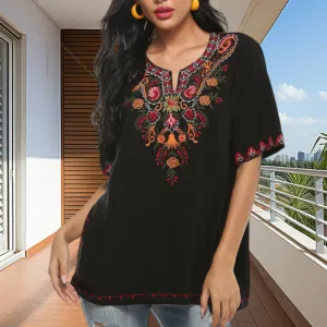 Buddha Stones Black Casual Embroidery Flower Design Half Sleeve Notched Cotton Women's T-Shirt