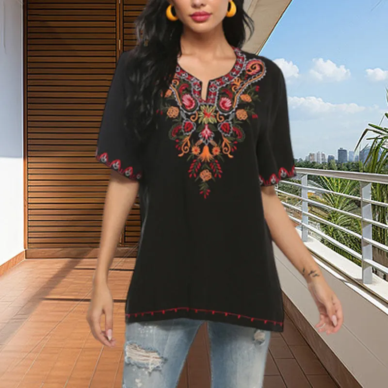Buddha Stones Black Casual Embroidery Flower Design Half Sleeve Notched Cotton Women's T-Shirt