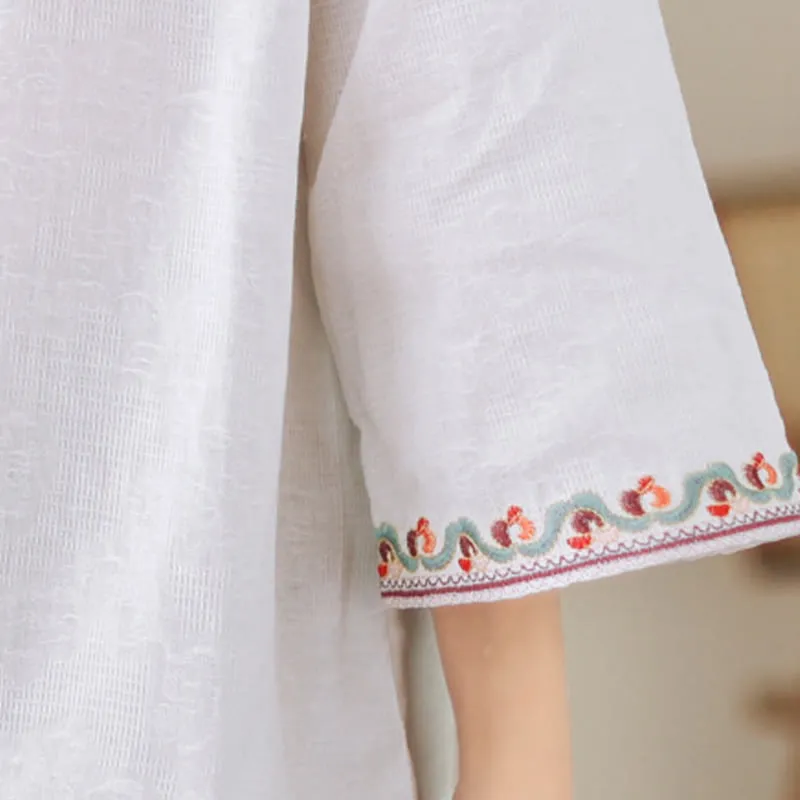 Buddha Stones Casual Jacquard Frog-Button Women's Crew Neck Design Three Quarter Sleeve Cotton Linen Shirt