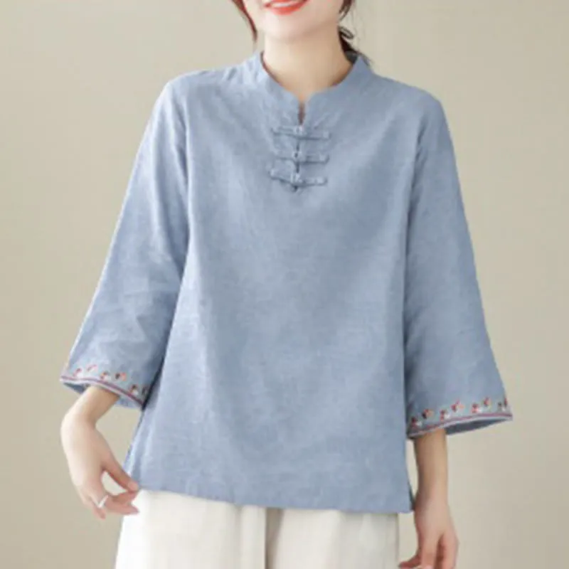 Buddha Stones Casual Jacquard Frog-Button Women's Crew Neck Design Three Quarter Sleeve Cotton Linen Shirt