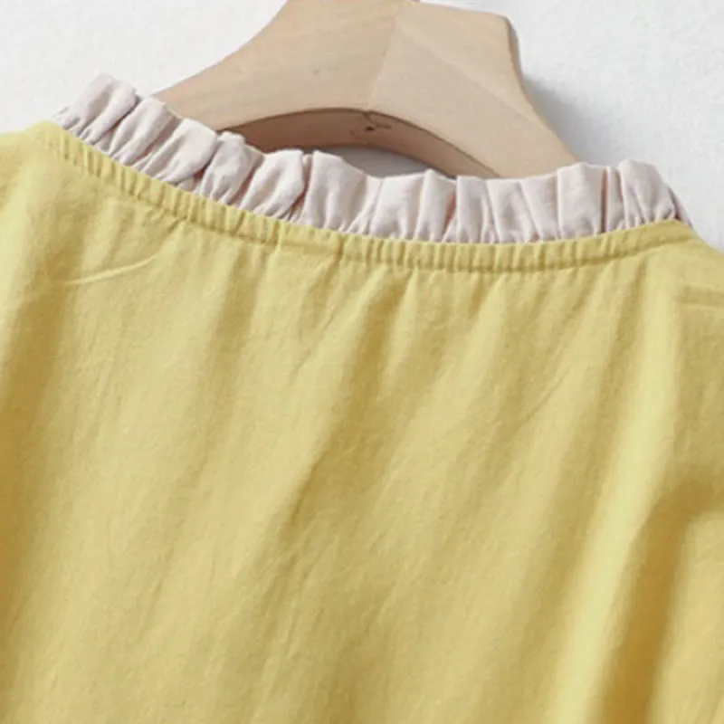 Buddha Stones Casual Plain Frog-Button Women's Ruffle Collar Design Half Sleeve Cotton Linen Shirt