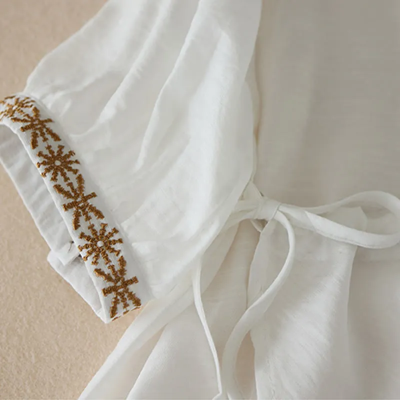 Buddha Stones Casual Women's Embroidery Lace-up Top Stand Collar Design Three Quarter Sleeve Cotton Shirt