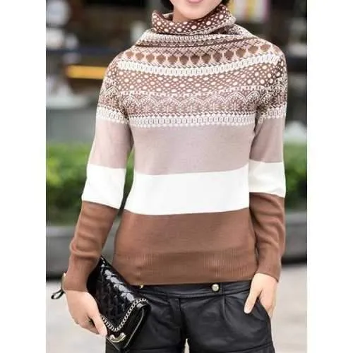 Casual Turtle Neck Long Sleeve Multi-Colored Women's Knitwear - White S