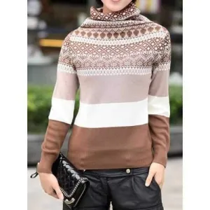 Casual Turtle Neck Long Sleeve Multi-Colored Women's Knitwear - White S