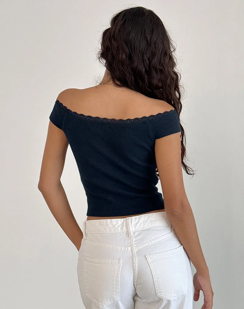 Chacha Bardot Top in Rib Lace Navy