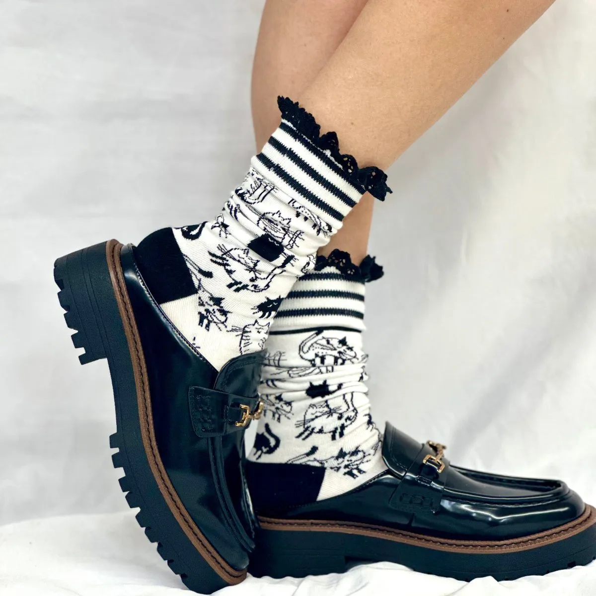 COPY CAT novelty print crew sock women's- black white