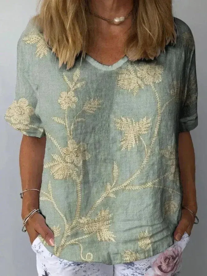 Cotton linen blend women's shirt, retro floral print, casual style